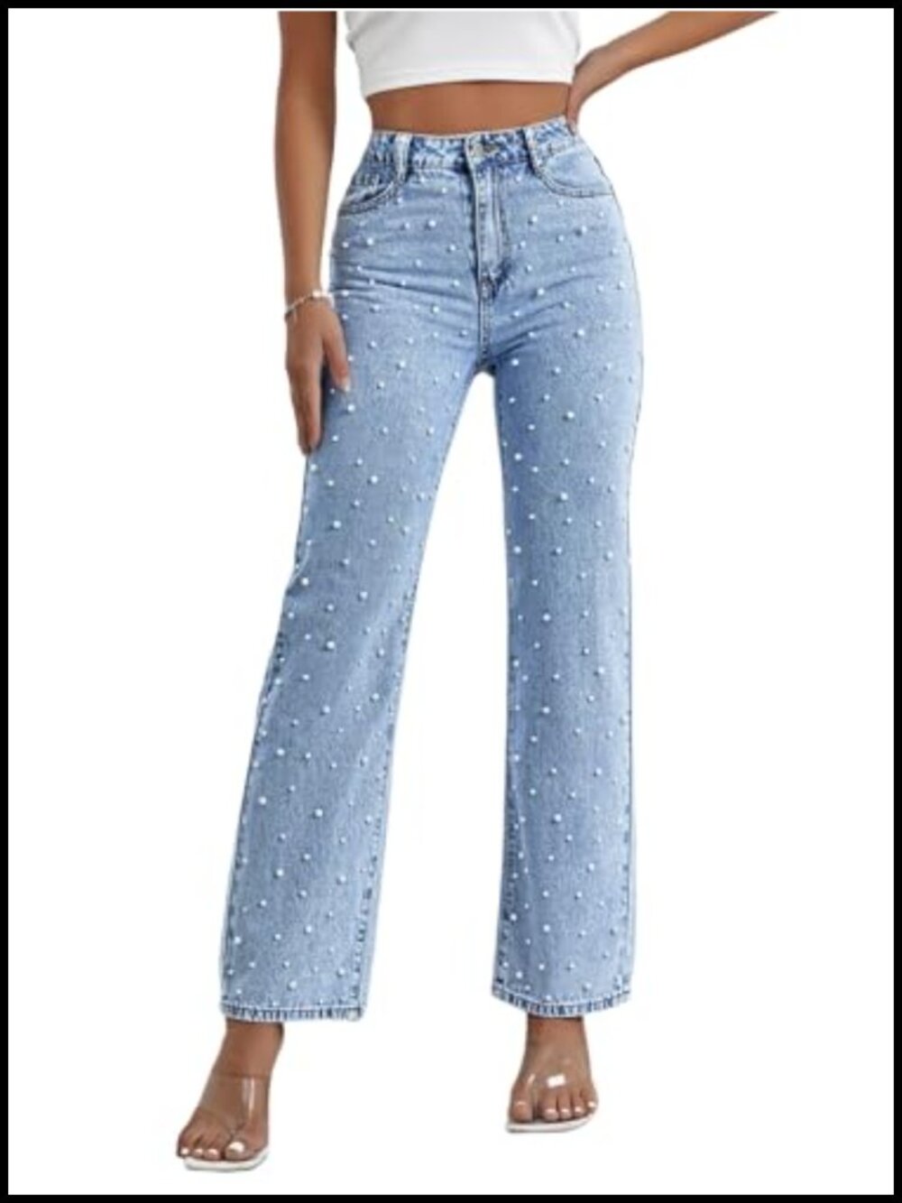 Kedera High Waisted Wide Leg Boyfriend Jeans Pearls Beaded Casual Denim Pants